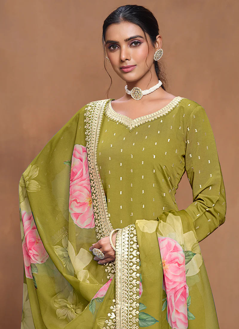 Luxury Lime Green Silk Gharara Suit with Embroidery