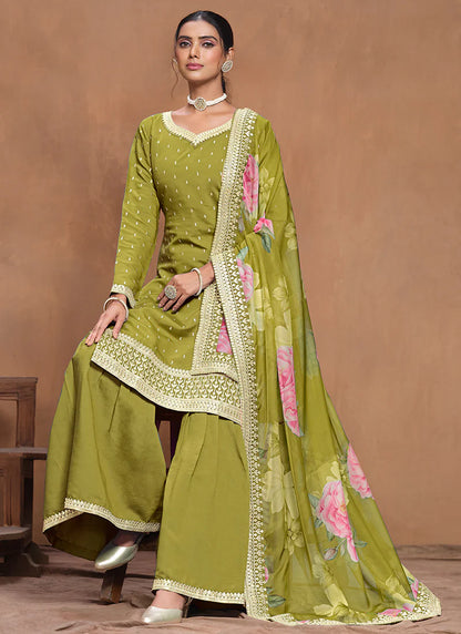 Luxury Lime Green Silk Gharara Suit with Embroidery