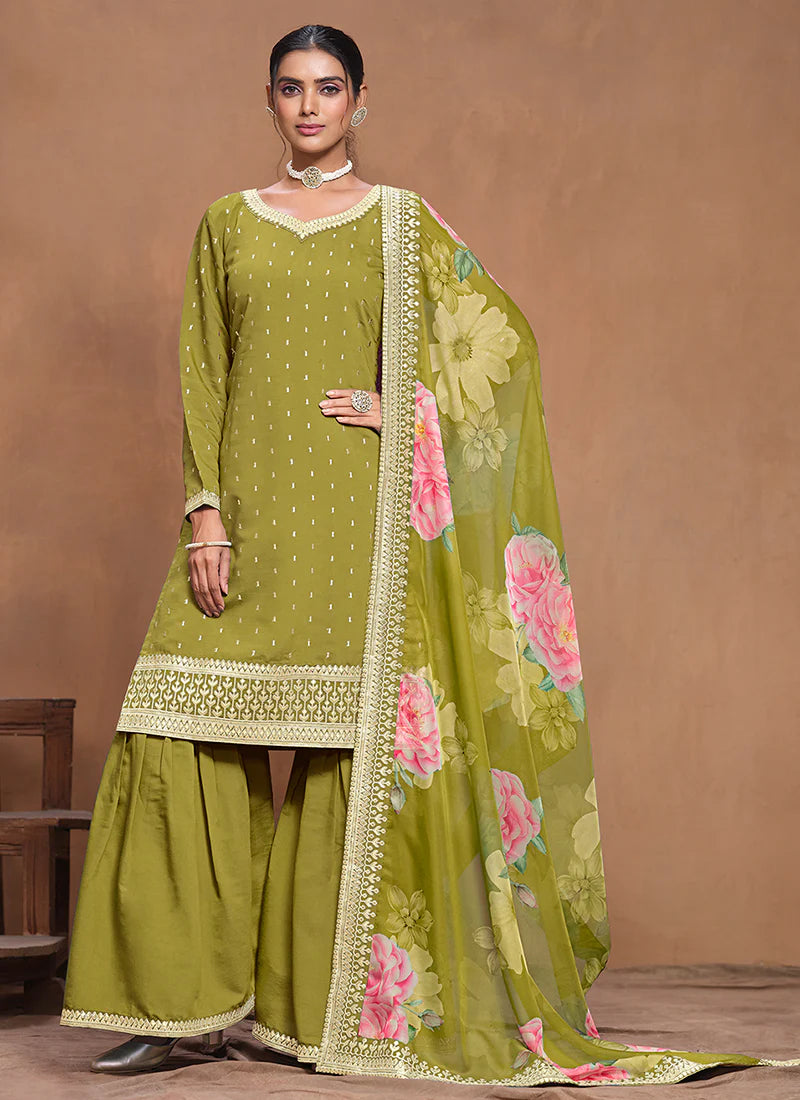 Luxury Lime Green Silk Gharara Suit with Embroidery