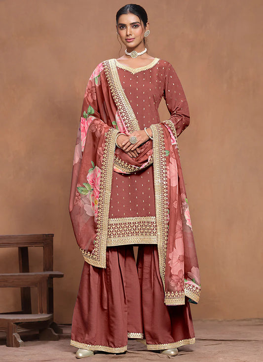 Luxury Brown  Silk Gharara Suit with Embroidery