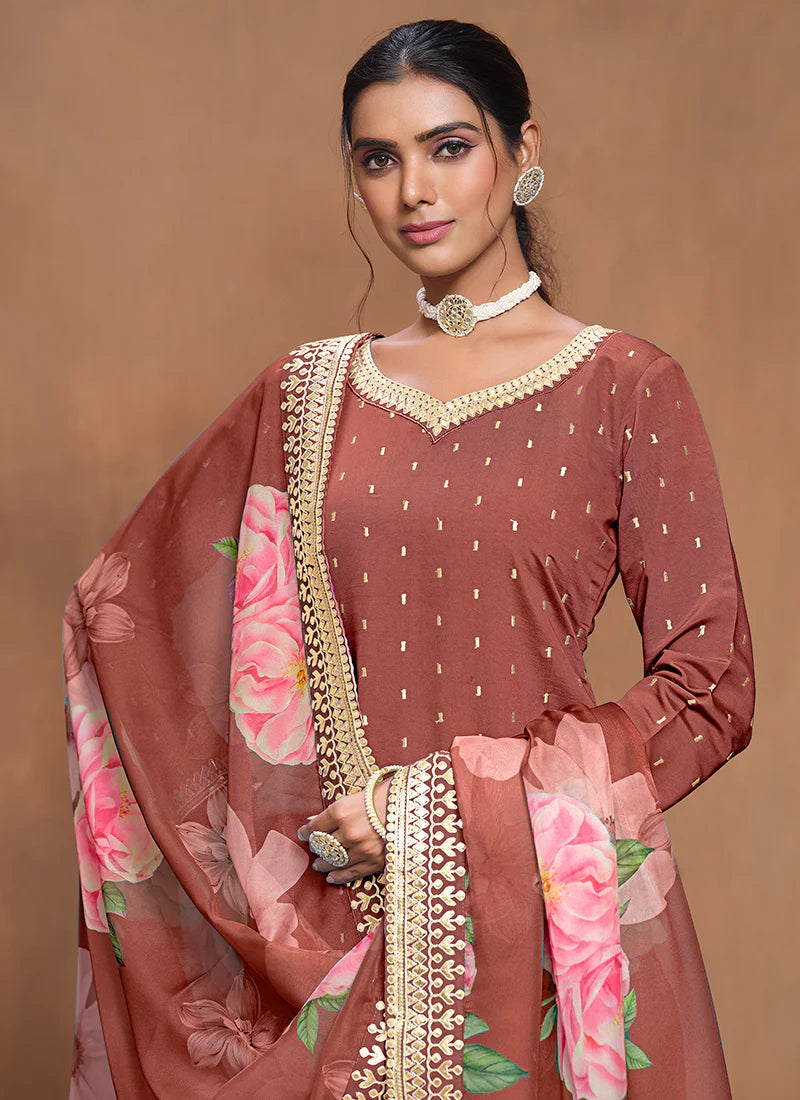 Luxury Brown  Silk Gharara Suit with Embroidery