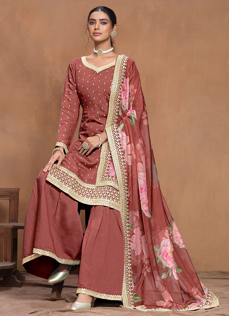 Luxury Brown  Silk Gharara Suit with Embroidery