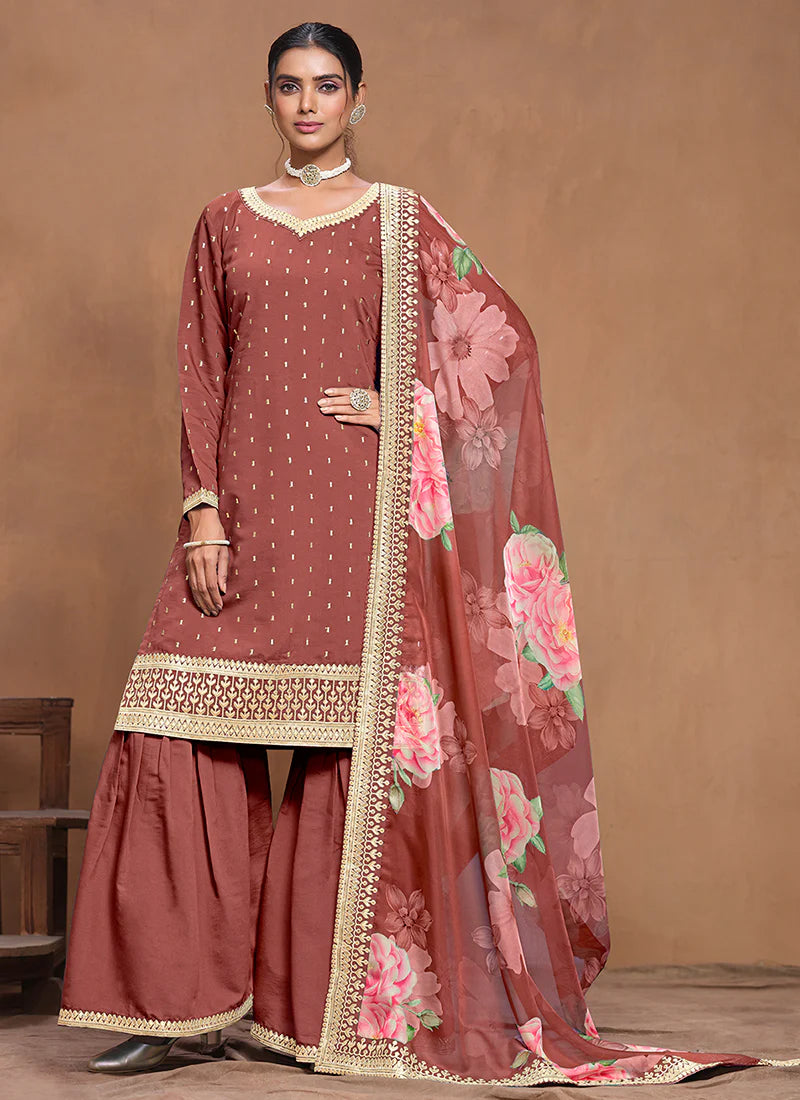 Luxury Brown  Silk Gharara Suit with Embroidery