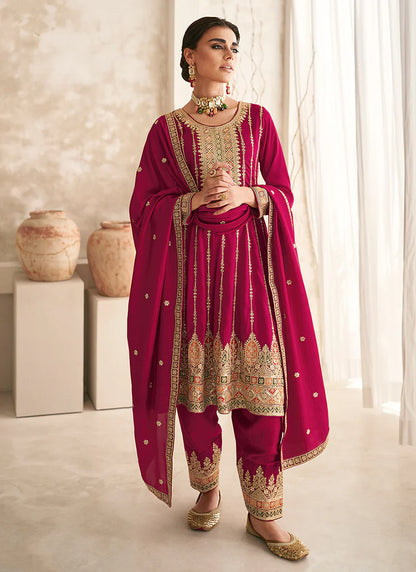 Vibrant Rani Pink Anarkali Suit with Multi-Embroidery and Dhoti Pants