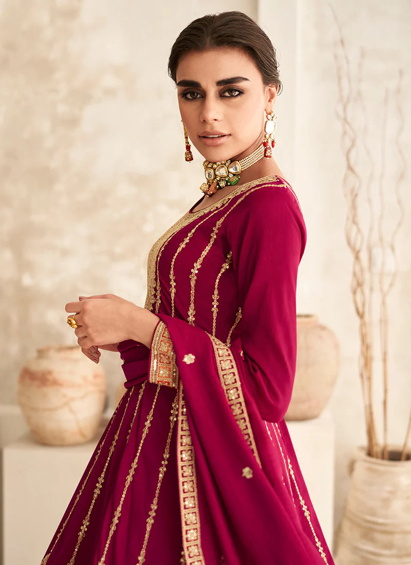 Vibrant Rani Pink Anarkali Suit with Multi-Embroidery and Dhoti Pants