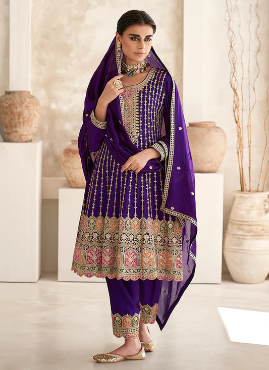 Vibrant Purple Anarkali Suit with Multi-Embroidery and Dhoti Pants