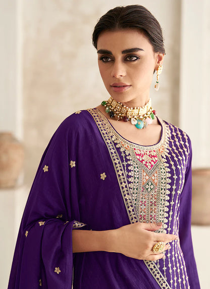 Vibrant Purple Anarkali Suit with Multi-Embroidery and Dhoti Pants