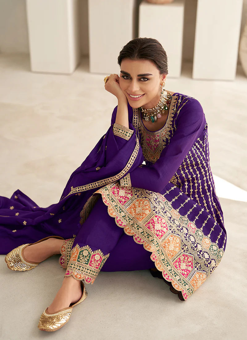 Vibrant Purple Anarkali Suit with Multi-Embroidery and Dhoti Pants