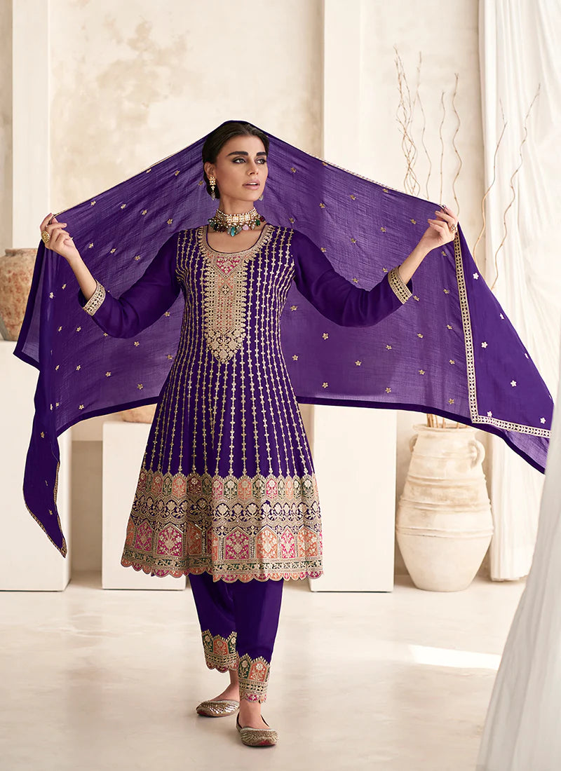 Vibrant Purple Anarkali Suit with Multi-Embroidery and Dhoti Pants