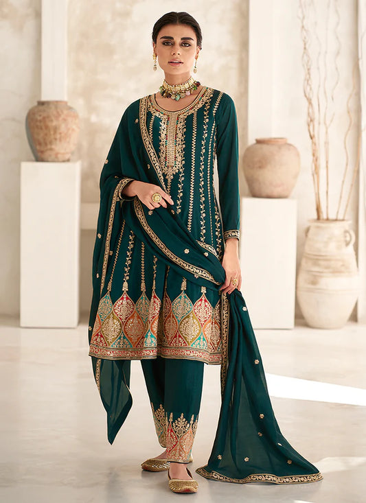 Vibrant Green Anarkali Suit with Multi-Embroidery and Dhoti Pants