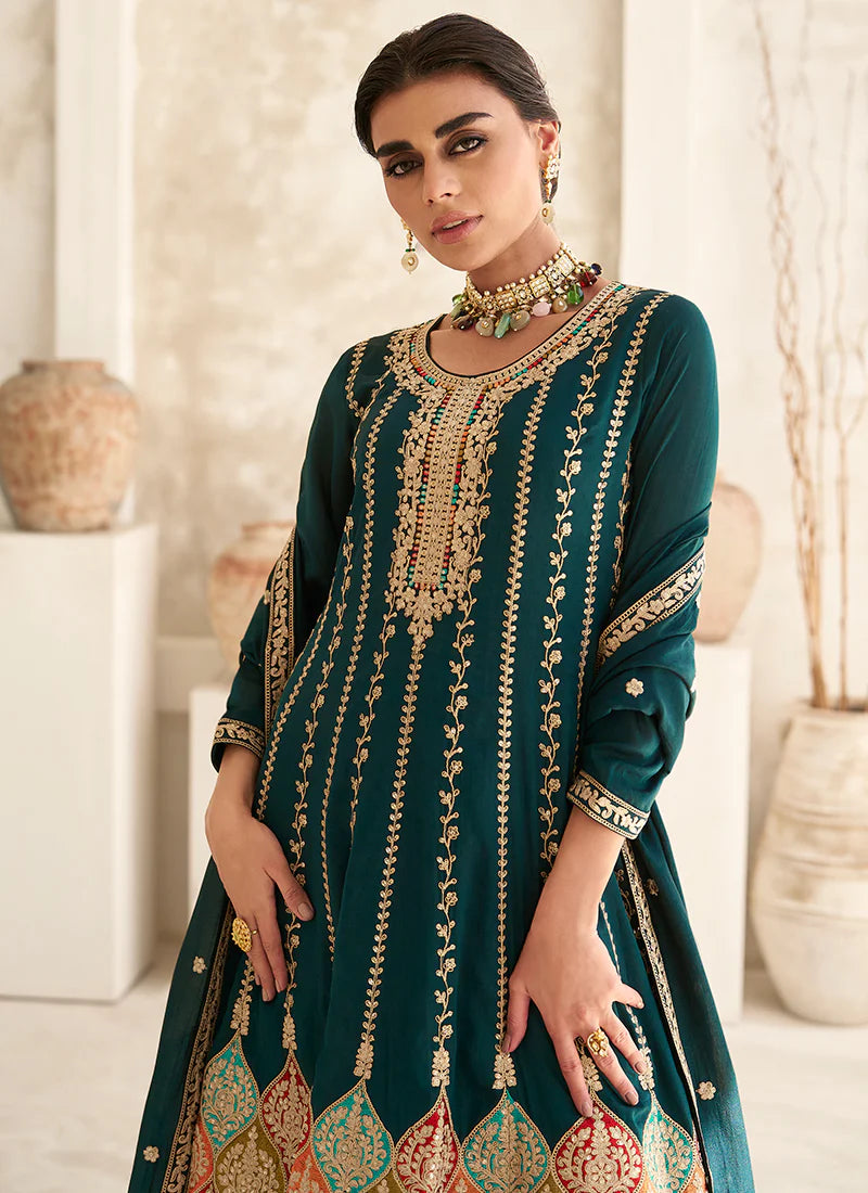 Vibrant Green Anarkali Suit with Multi-Embroidery and Dhoti Pants