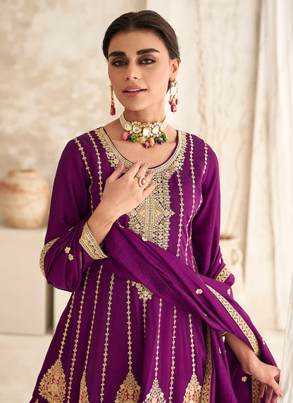 Vibrant Magenta Anarkali Suit with Multi-Embroidery and Dhoti Pants