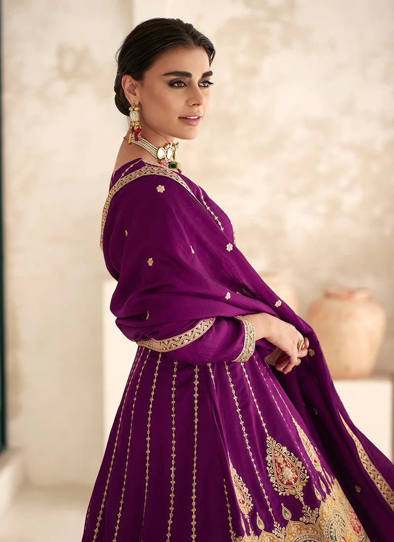 Vibrant Magenta Anarkali Suit with Multi-Embroidery and Dhoti Pants