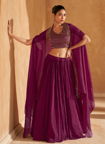 Wine Embroidered Lehenga Set with Cape Dupatta for Pakistani Festival and Indian Wedding