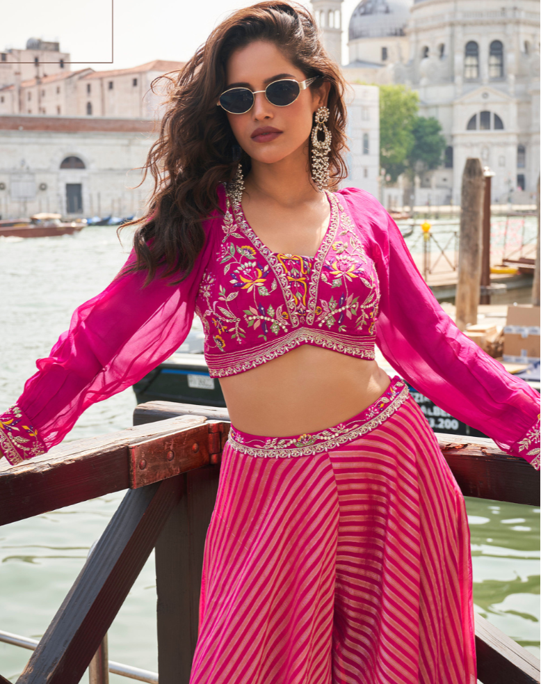 Designer Hot Pink Pure Viscose Palazzo Suit for Bridesmaids with Embroidered Blouse