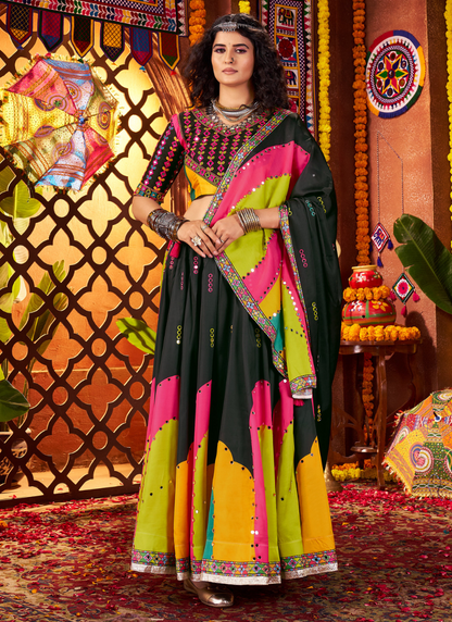 Black Gajji Silk Navratri Chaniya Choli with Mirror & Thread Work