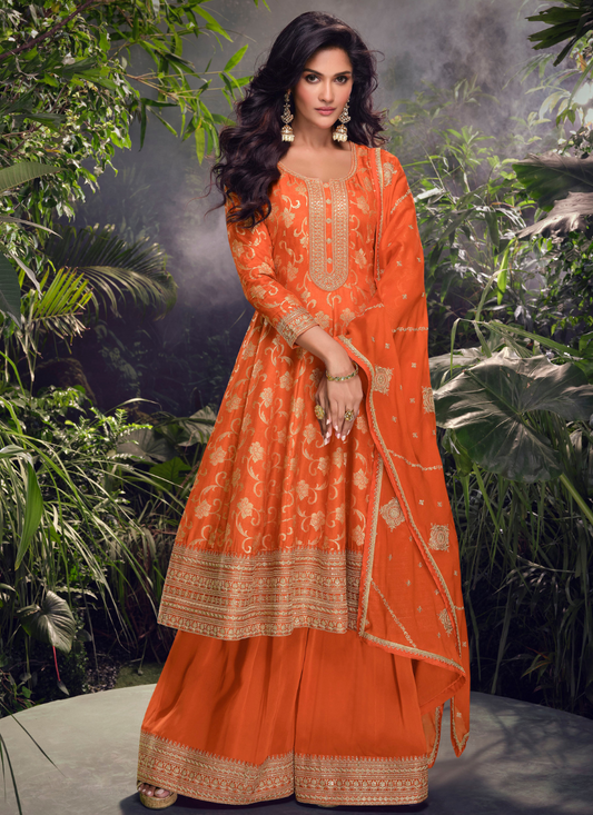 Buy Designer Orange Pure Viscose Jacquard Silk Embroidery Sharara Suit with Dupatta for Indian Festivals and Pakistani Weddings