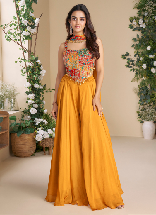 Mustard Yellow Chinon Silk Indo-Western Designer Wear for Indian & Pakistani Wedding Functions