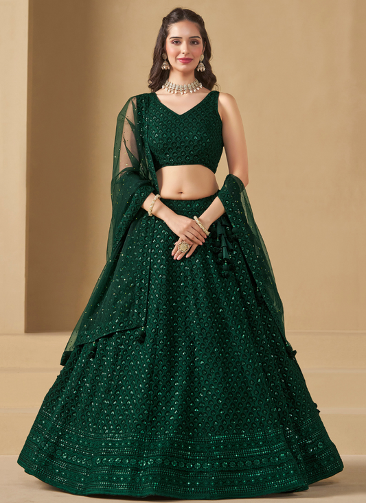 Designer Green Georgette Lehenga Choli with Dupatta for Indian Wedding and Pakistani Festival