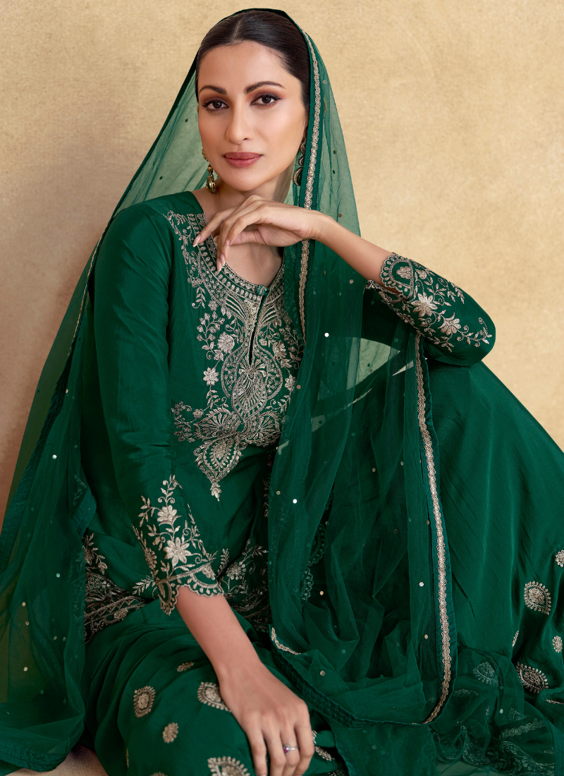 Designer Green Chinnon Silk Embroidered Sharara Suit with Dupatta – Perfect for Indian Wedding & Pakistani Festival