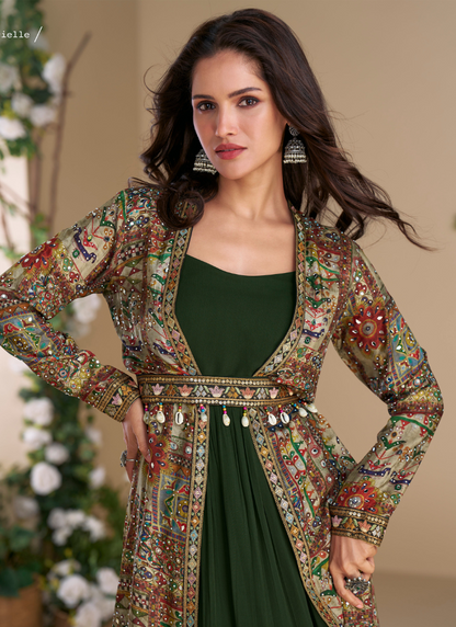 Designer Green Georgette Anarkali Gown with Multicolor Long Shrug