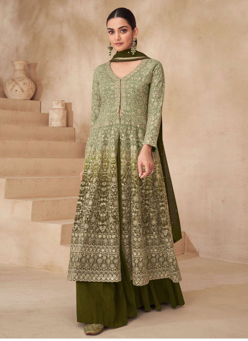 Designer Green Georgette Sharara Suit with Dupatta for Indian Festivals & Pakistani Weddings