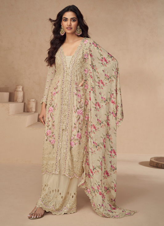 Cream Chinnon Silk Embroidered Palazzo Suit with Dupatta for Pakistani Wedding and Indian Festival – Mirror and Thread Work