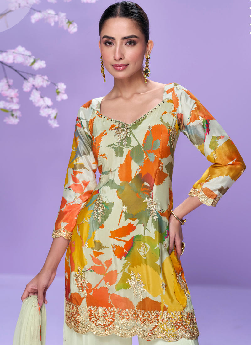 Orange & Green Floral Chinon Palazzo Suit with Dupatta for Indian Wedding and Pakistani Festival
