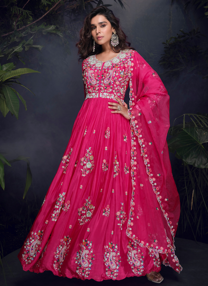 Shop Fuchsia Pink Chinnon Silk Embroidered Gown for Festival Wear