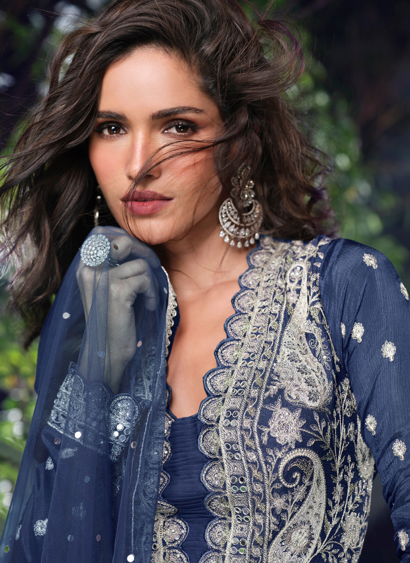 Navy Blue Chinnon Silk Sharara Suit with Dupatta for Indian and Pakistani Wedding and Festival