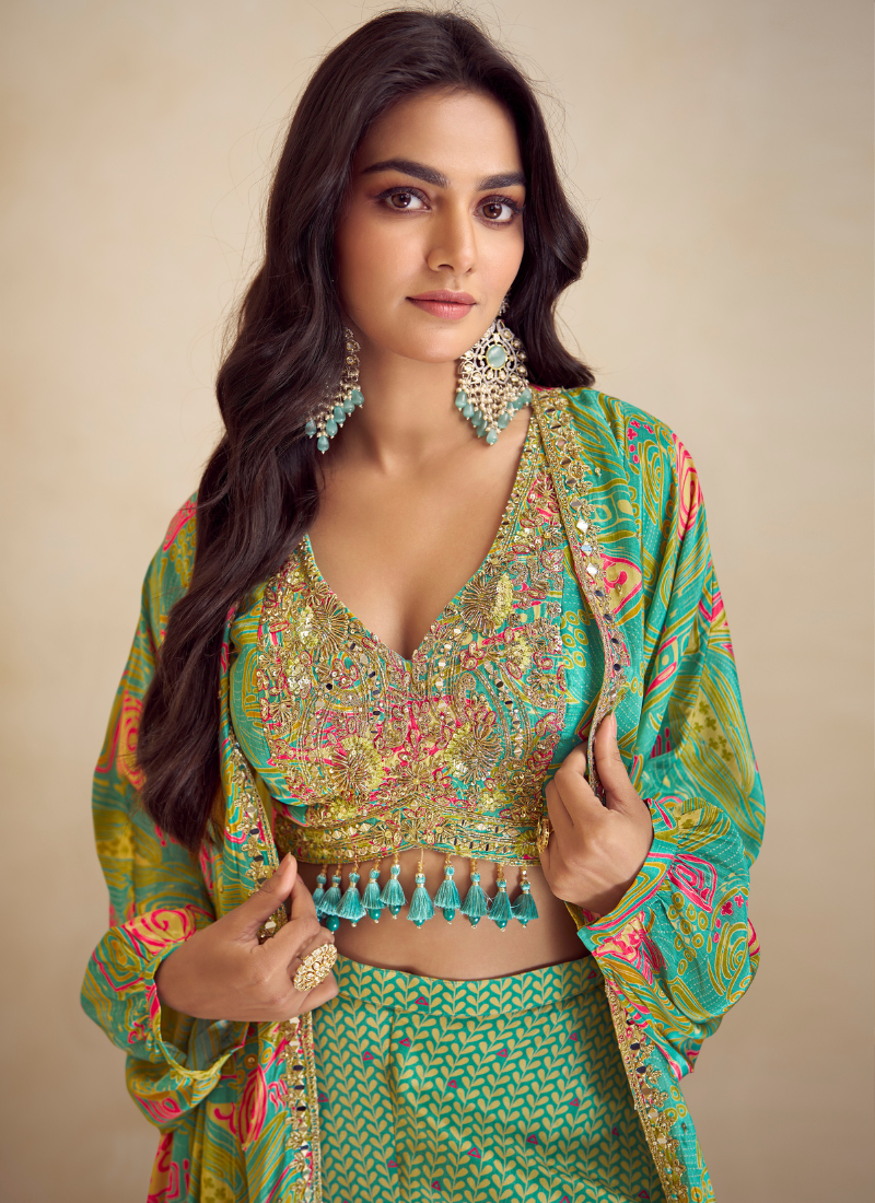 Parrot Green Chinon Silk Cape Style Palazzo Set with Designer Shrug