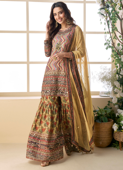 Ochre Yellow Viscose Crepe Silk Embroidered Sharara Suit with Zari & Gota Patti