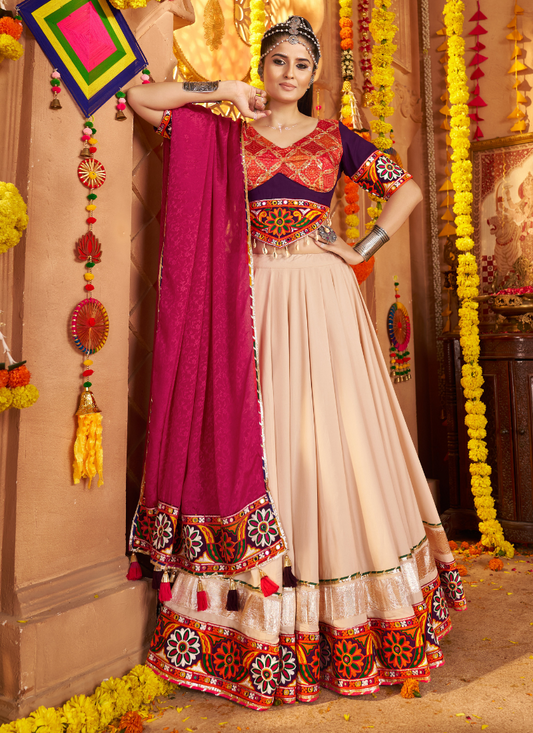 Beige Flared Chaniya Choli with Multi-Thread Embroidery & Pink Dupatta – Indian Pakistani Festival & Garba Night Wear