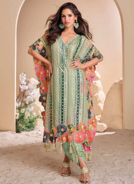 shop online Green Viscose Silk Kaftan with floral multicolor embroidery 