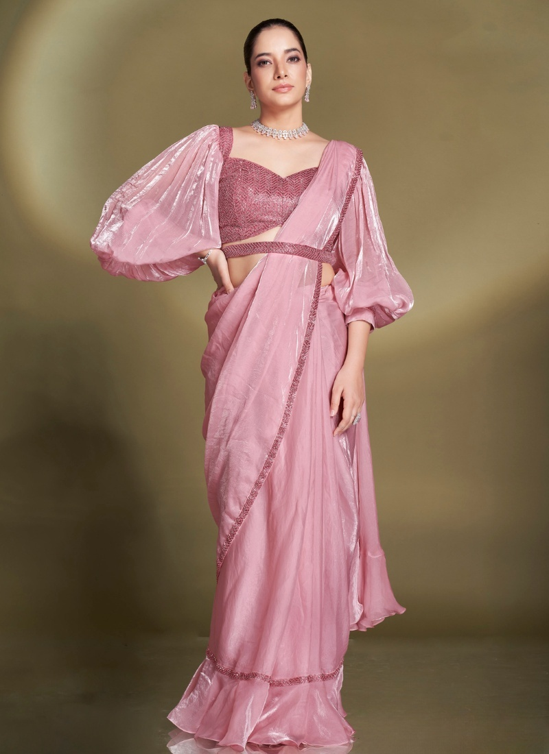 Ready To Wear Pink Satin Silk Saree With  Designer Blouse For Indian Festival And Pakistani Wedding