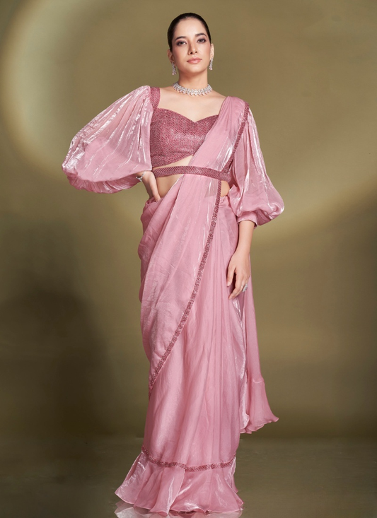 Ready To Wear Pink Satin Silk Saree With  Designer Blouse For Indian Festival And Pakistani Wedding