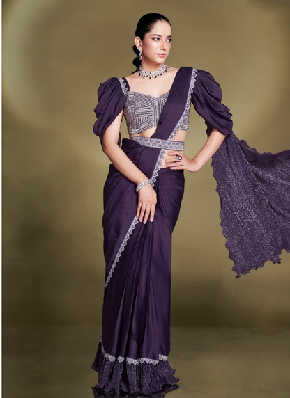 Party Wear Pre Stitched Purple Satin Silk Saree With Designer Blouse 