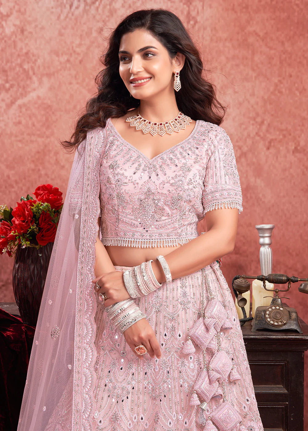 Luxurious Baby Pink Bridal Lehenga with Heavy Zarkan Embroidery