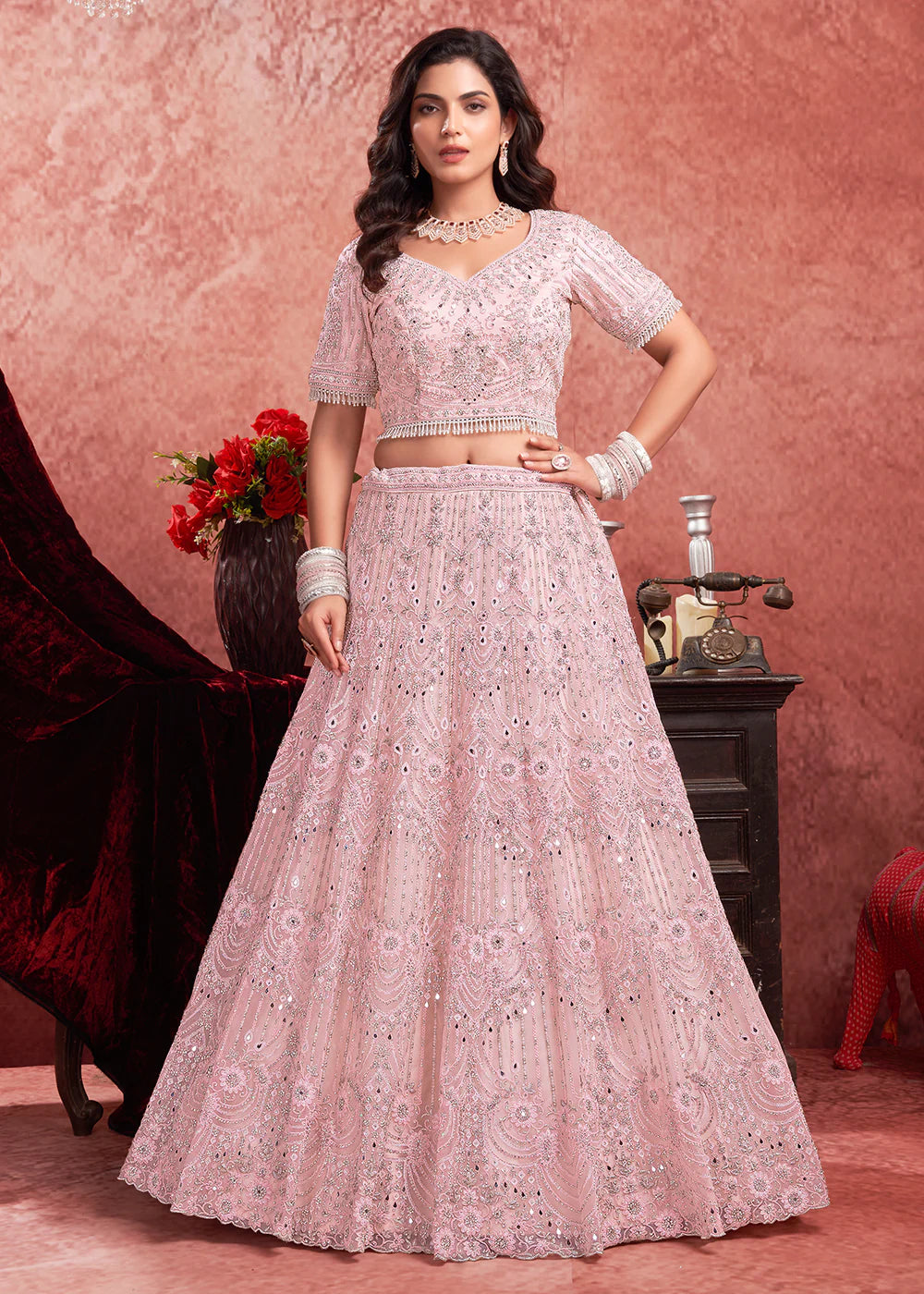 Luxurious Baby Pink Bridal Lehenga with Heavy Zarkan Embroidery