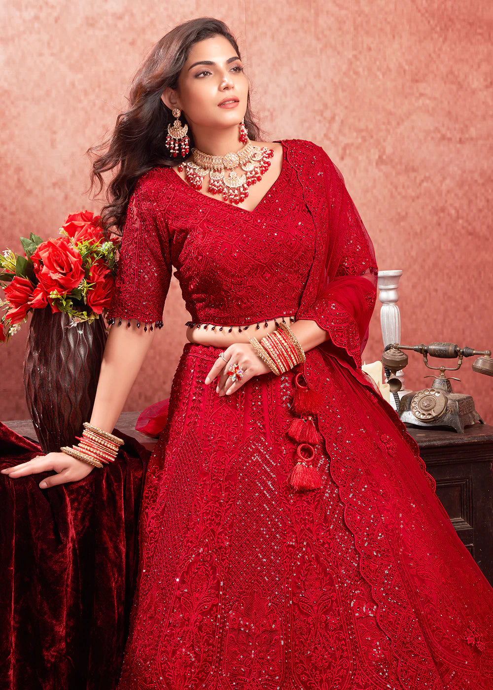 Luxurious Red Bridal Lehenga with Heavy Zarkan Embroidery