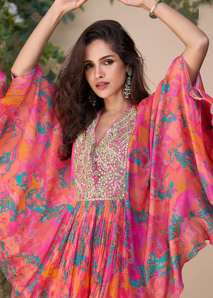 Designer Soft Pink Poncho Palazzo Suit in Chinon For Indian Wedding and Pakistani Festival