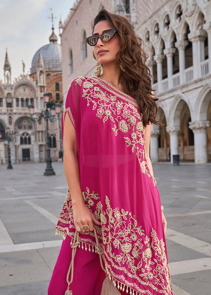 Designer Pink Crepe Silk Indo-Western Embroidered Shrug with Palazzo