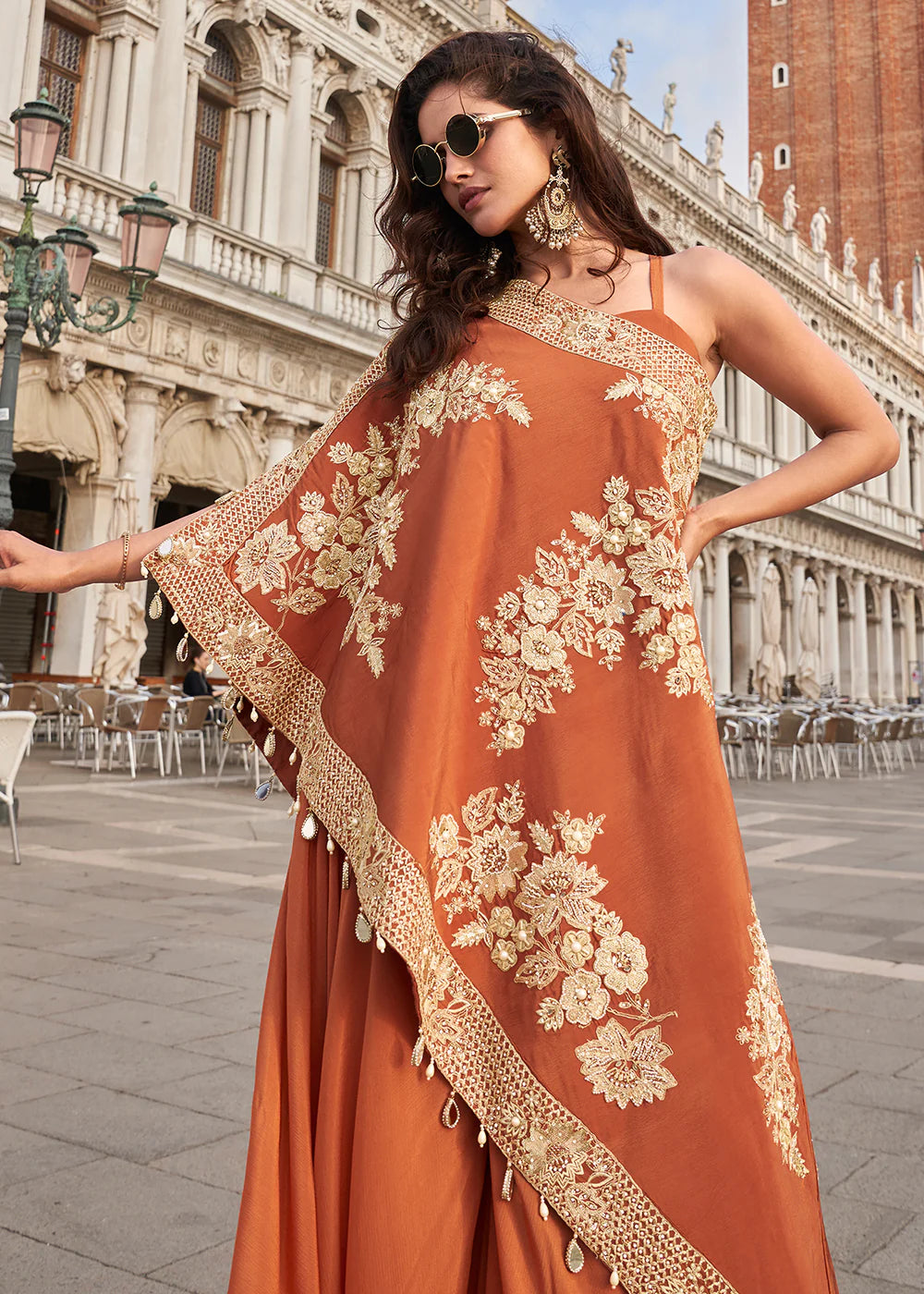 Designer Rust Orange Crepe Silk Indo-Western Embroidered Shrug with Palazzo