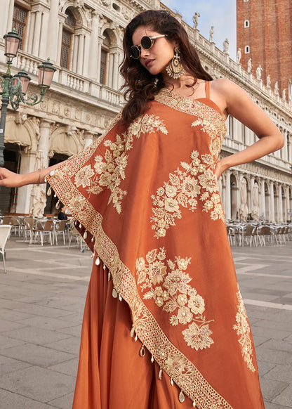 Designer Rust Orange Crepe Silk Indo-Western Embroidered Shrug with Palazzo