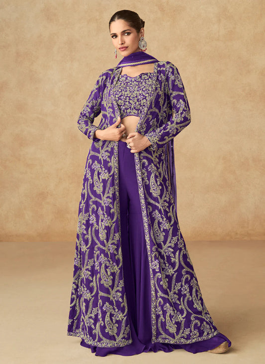 Buy Designer Purple Georgette Embroidered Plazzo Suit with Long Jacket