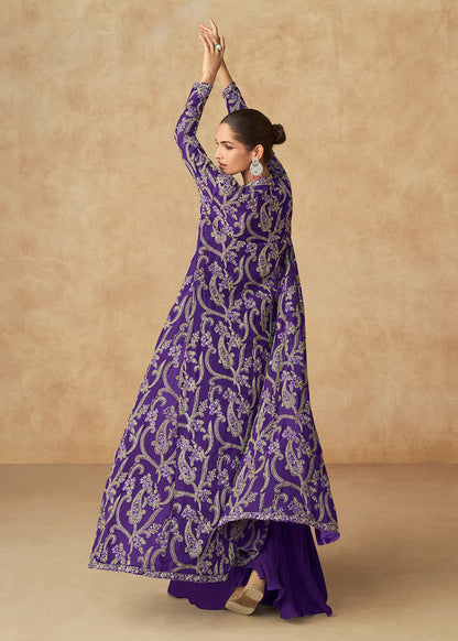 Designer Purple Georgette Embroidered Plazzo Suit with Long Jacket - Perfect for Indian Wedding and Pakistani Festival