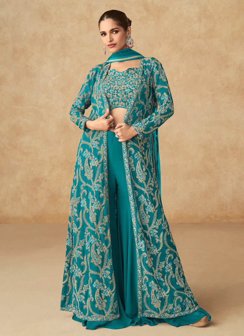 Shop Online Designer Teal Green Georgette Embroidered Plazzo Suit with Long Jacket