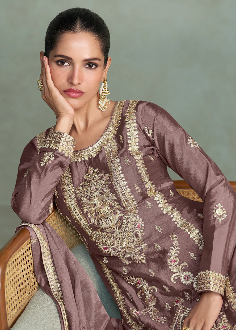 Dusty Grey Chinon Silk Embroidered Palazzo Suit For Indian Wedding and Pakistani Festival