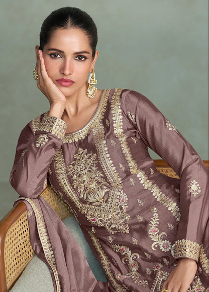 Dusty Grey Chinon Silk Embroidered Palazzo Suit For Indian Wedding and Pakistani Festival