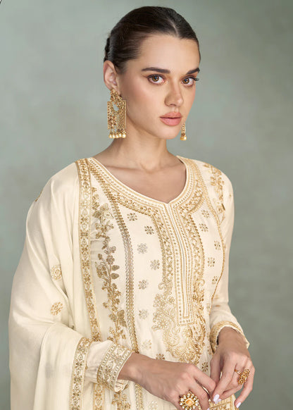 Ivory White Chinon Silk Embroidered Palazzo Suit For Indian Wedding and Pakistani Festival
